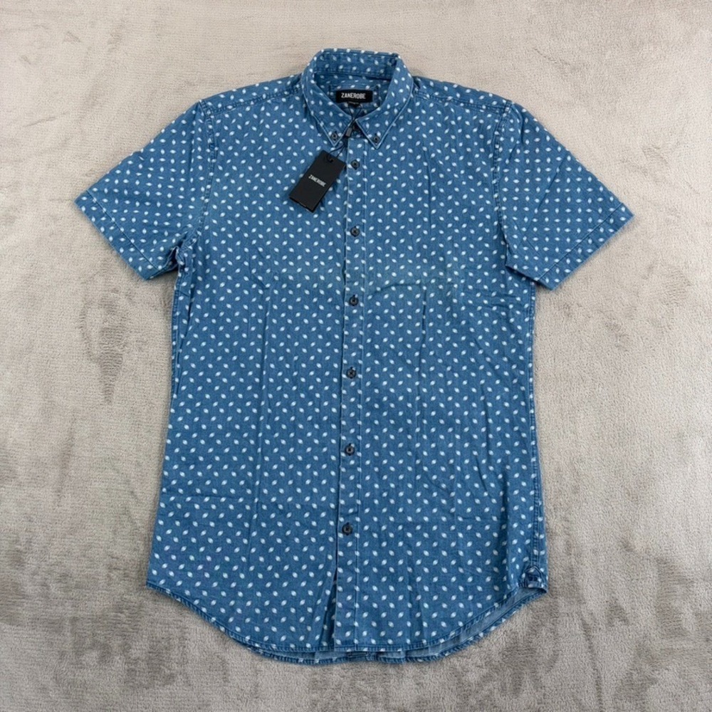 ZANEROBE Denim Facet 7Ft Geometric Shirt in Medium Blue Short Sleeve NWT $118